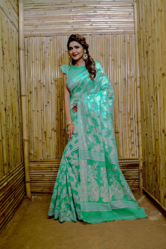 Partywear Designer Rama Jamdani contton Fancy Saree - Starwalk