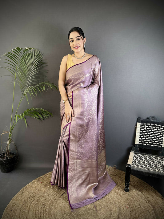 Joban Fashion Lavender Floral & Paisley Motifs Soft Satin Silk Banarasi Saree