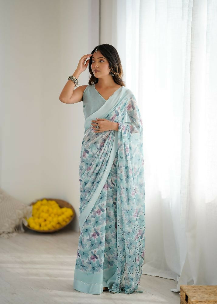 PR Fashion Sky_Blue Bright Moss Satin Patta Printed Saree