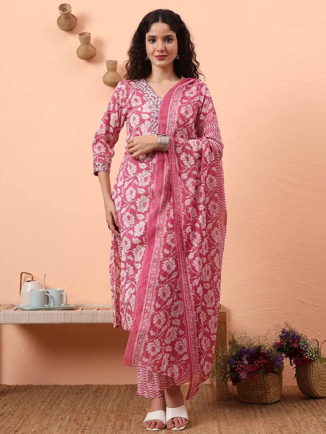 Yufta Lavender Pure Cotton Straight Floral,Kantha Work Kurta Pant Set