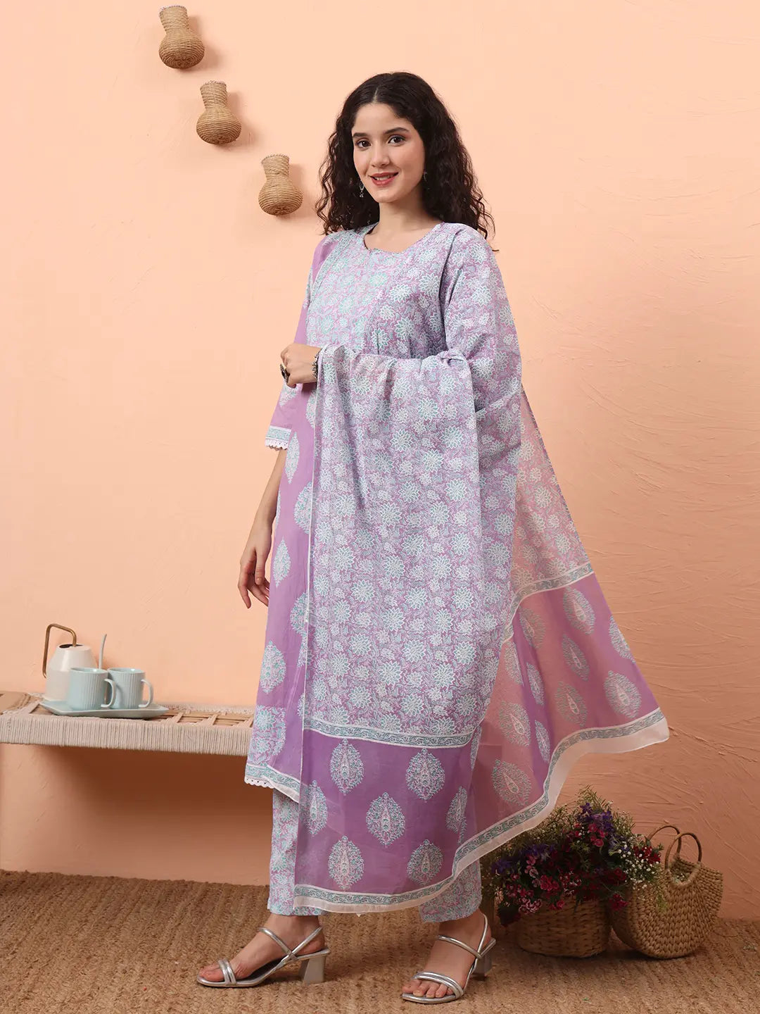 Yufta Lavender Straight Ethnic Motifs Zari Kurta Trouser Dupatta Set