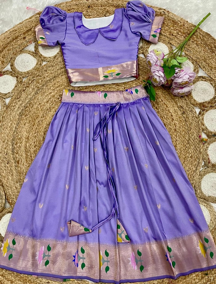 Evanik Green Soft Silk Paithani Design Zari Weaving Pavadai Lehenga Choli For Kids