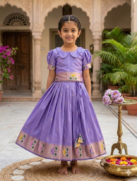 Evanik Purple Soft Silk Paithani Design Zari Weaving Pavadai Lehenga Choli For Kids