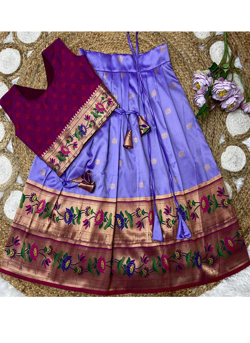 Evanik Purple Kids Paithani Silk Lotus Pattern Lehenga Choli