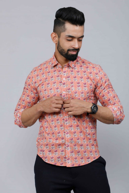 Miravan Men's Peach Spread Collar Floral Print Casual Shirt