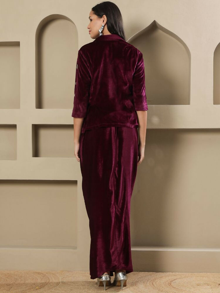 Joban Fashion Women Wine Velvet Hand Embellishment Stitched Dress