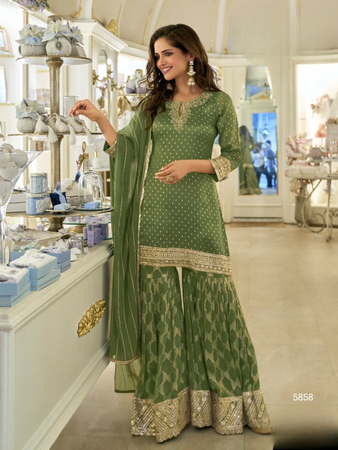 Anaita Mehendi Viscose Silk Readymade Palazzo Suit with Embroidery Work