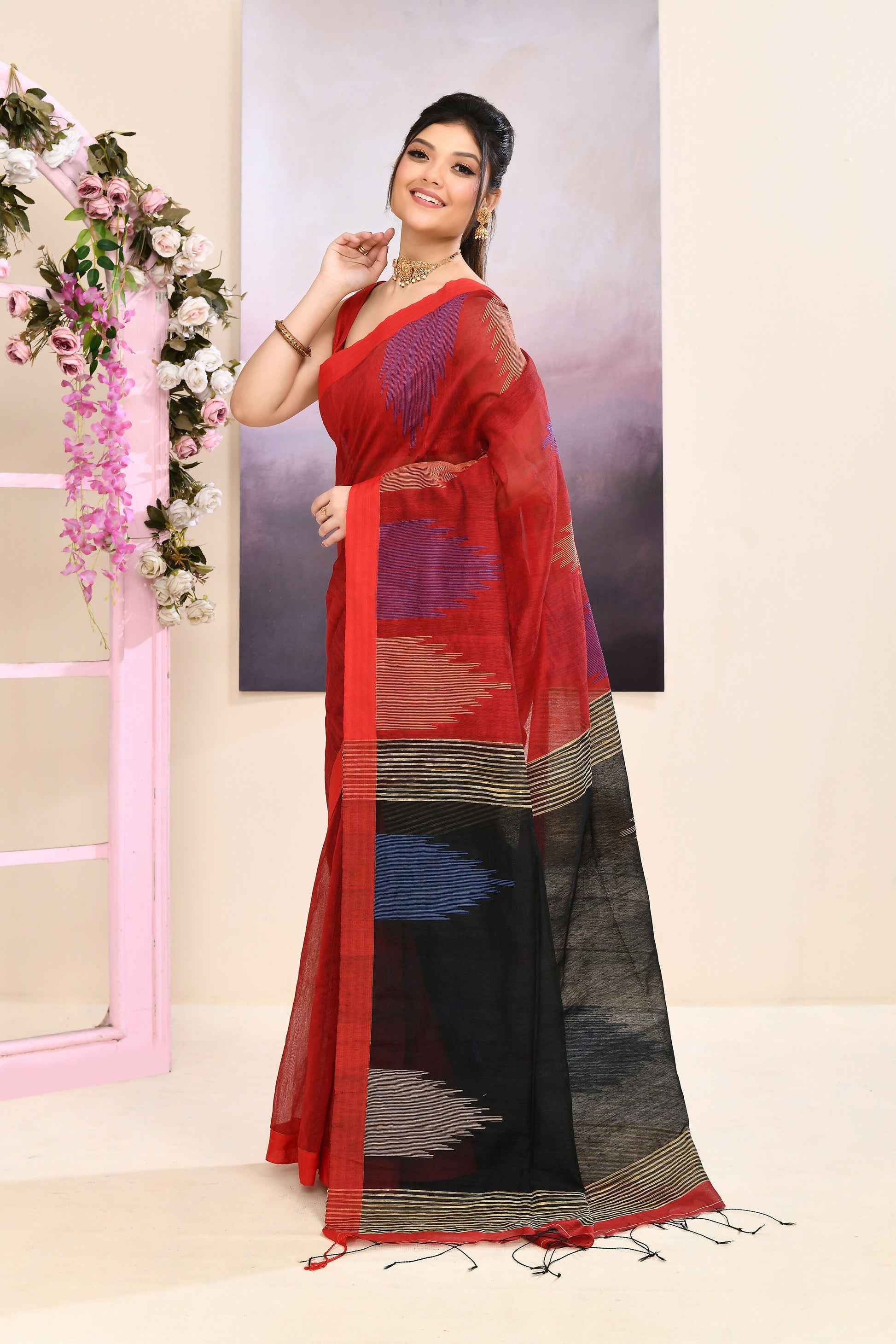 Piyari Fashion Women's Maroon Temple Border Embellished Cotton Blend Jamdani Saree