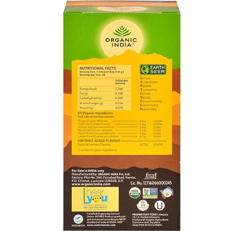 Organic India Tulsi Green Tea Lemon Ginger 25 Tea Bags 