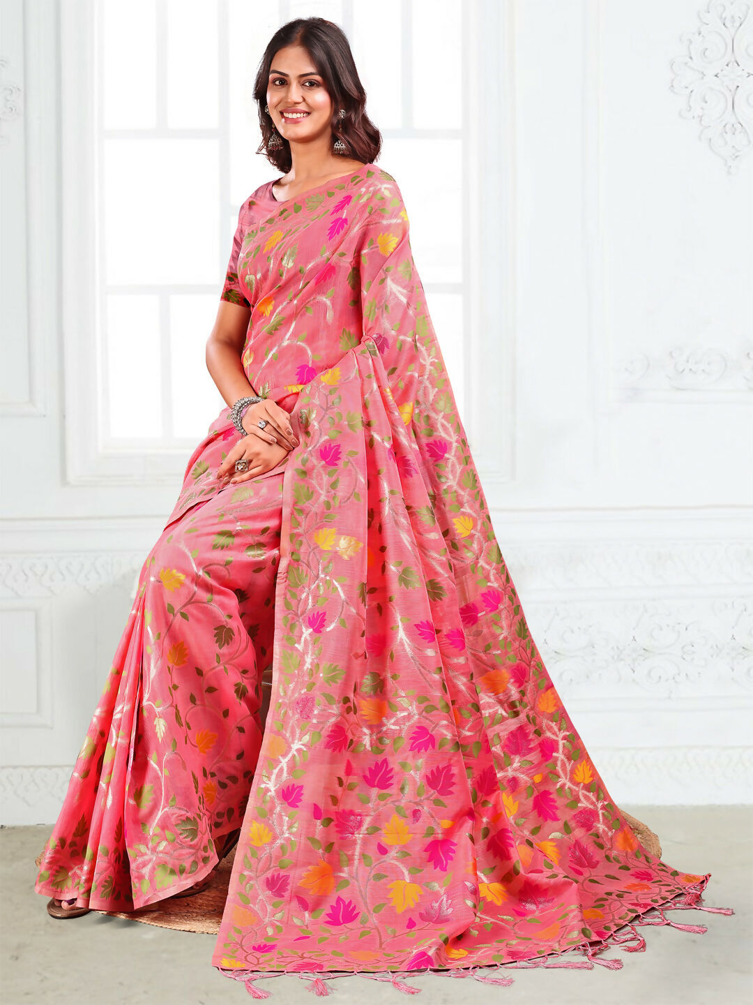 Shree Shyam Fashion Linen Cotton Pink Saree
