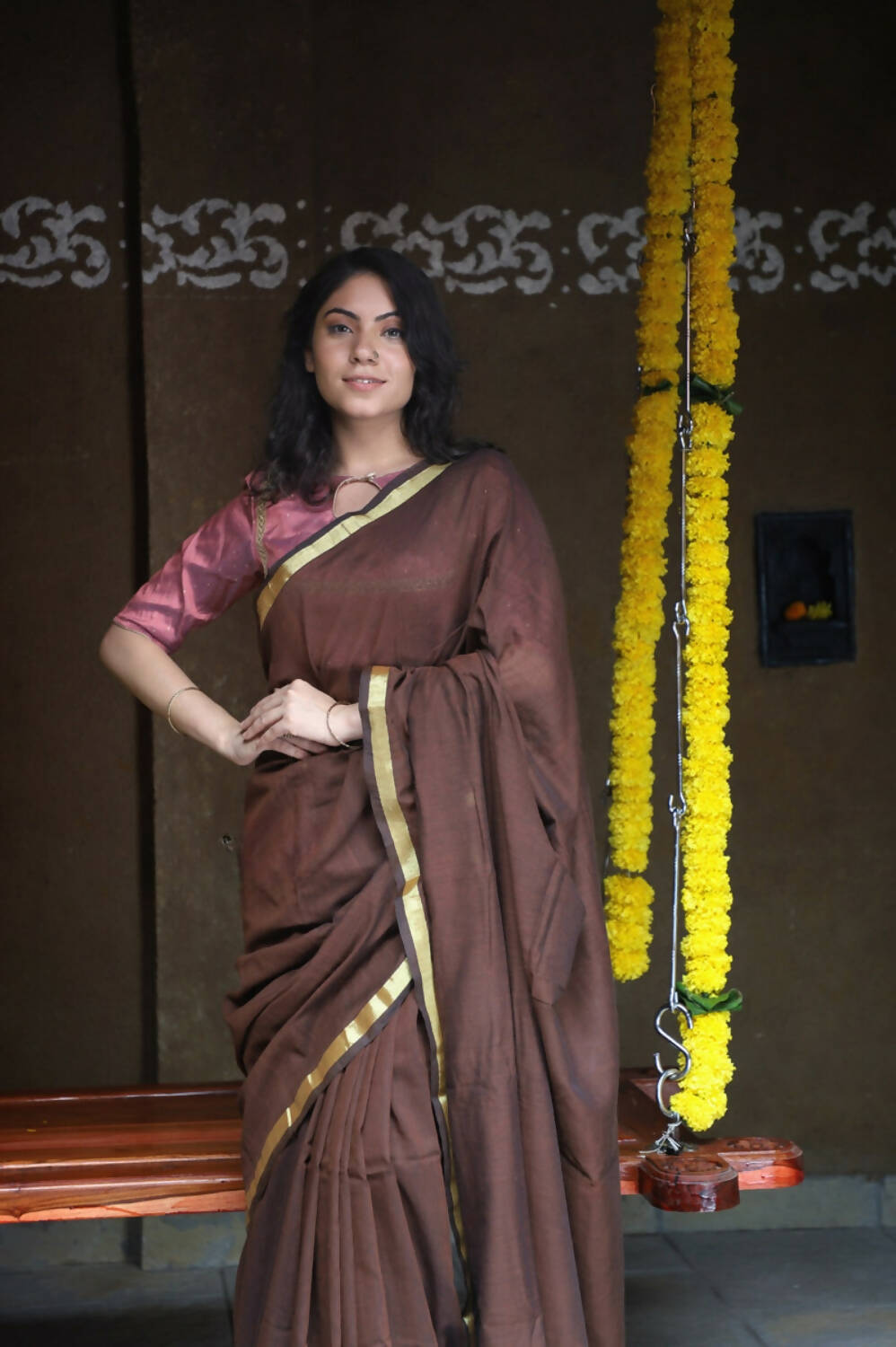 Very Much Indian Pure Cotton Handloom Saree With Intricate Borders - Brown - Grab2buy