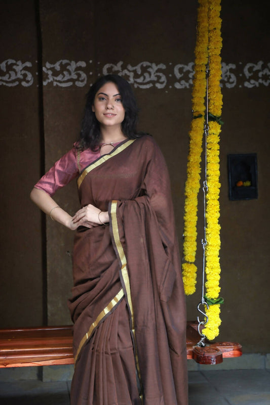 Very Much Indian Pure Cotton Handloom Saree With Intricate Borders - Brown - Grab2buy