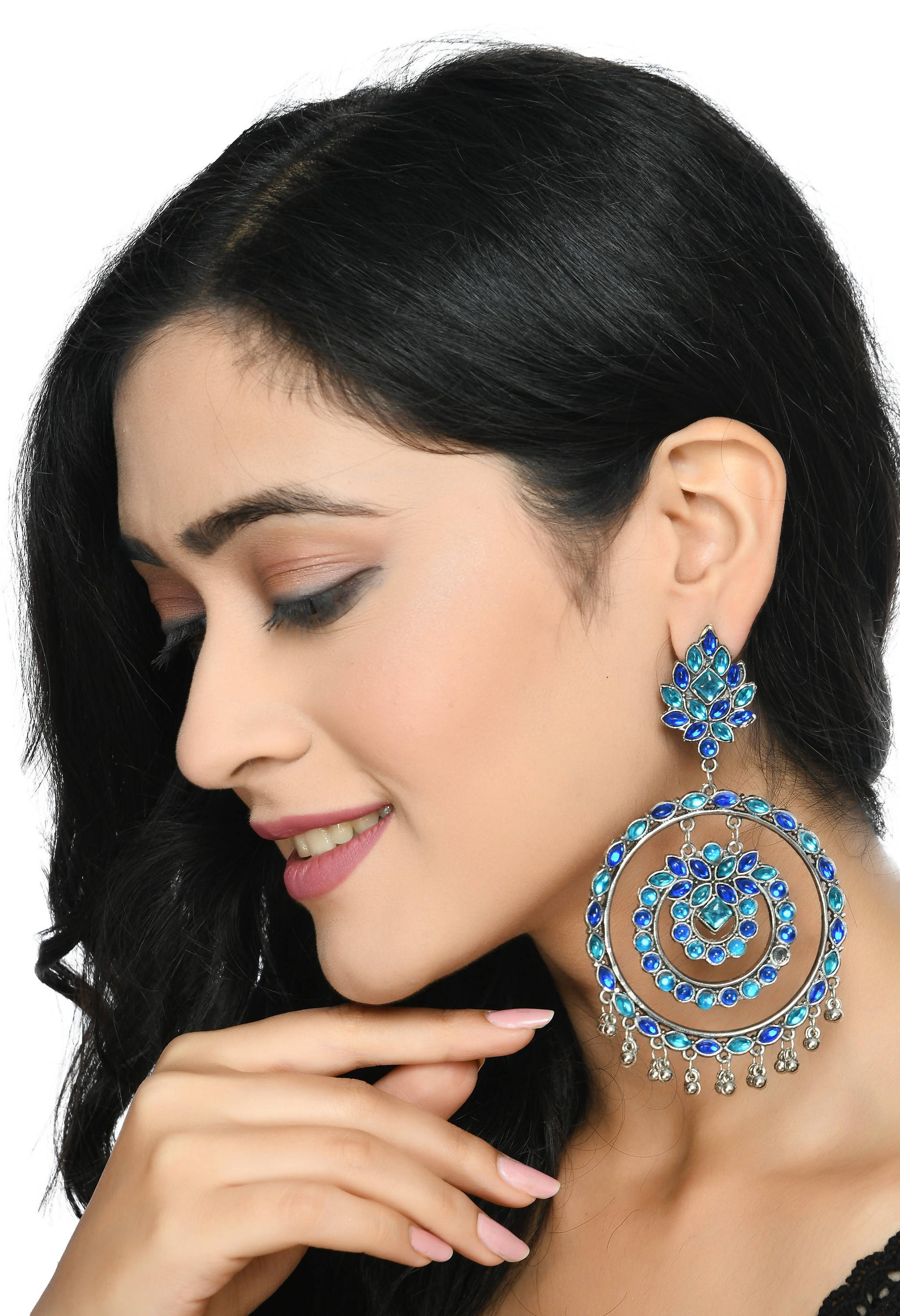 Mominos Fashion Johar Kamal Women's Blue Kundan Circles Earrings - Grab2buy