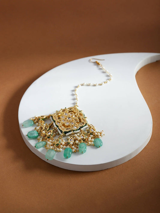 White Blue Gold-Plated Kundan-Studded Beaded Maang Tikka - Ruby Raang - Grab2buy