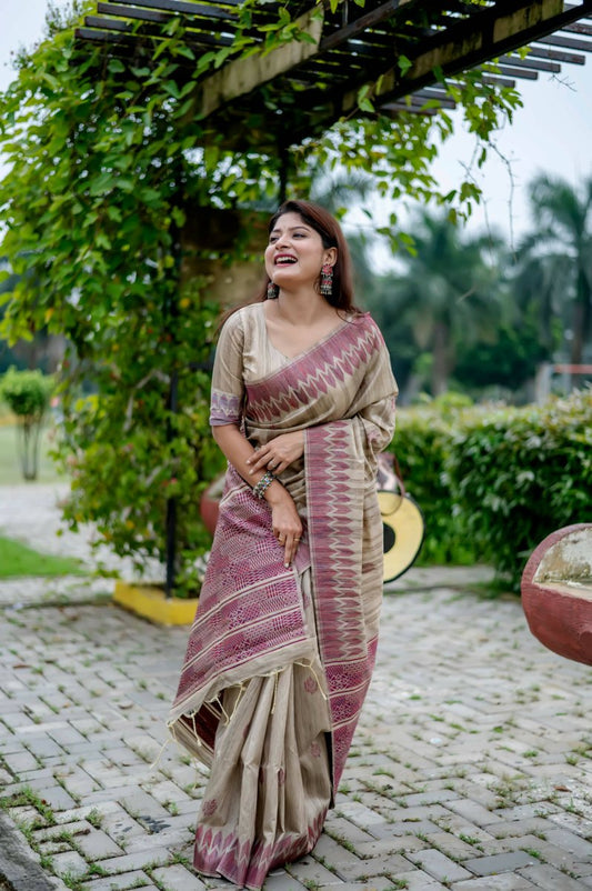 Aastha Fashion Wine Thread Woven Handloom Tussar Silk Saree with Blouse - Grab2buy