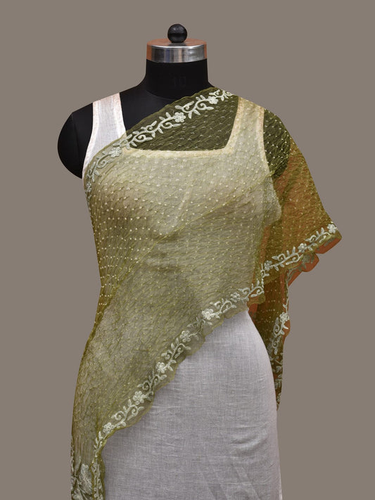 Light Green Bandhani Organza Stole with Embroidary Work Design - Global Threads - Grab2buy