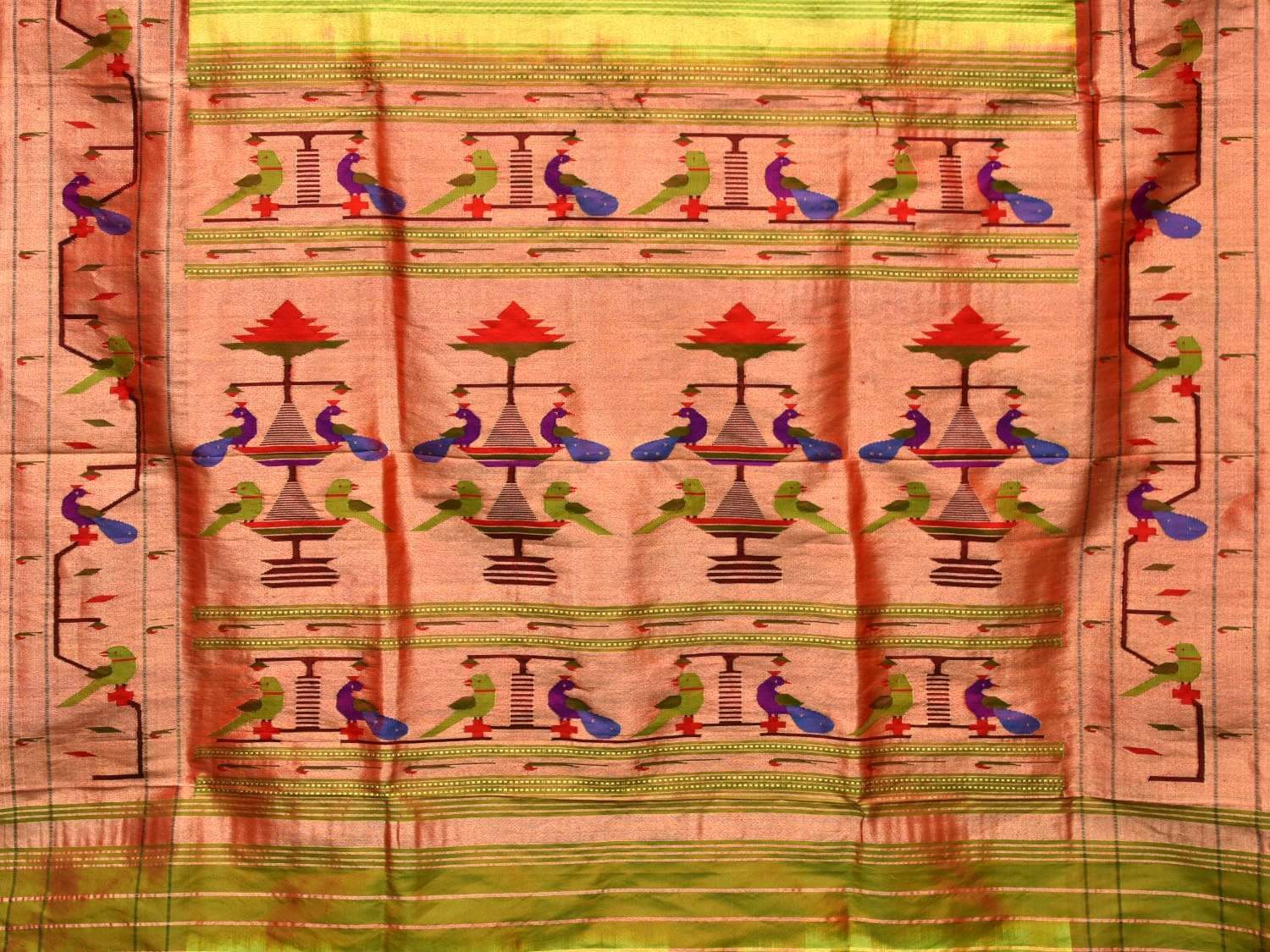 Light Green Paithani Silk Handloom Grab2Buy with Peacock-Parrot Border Design - Global Threads 