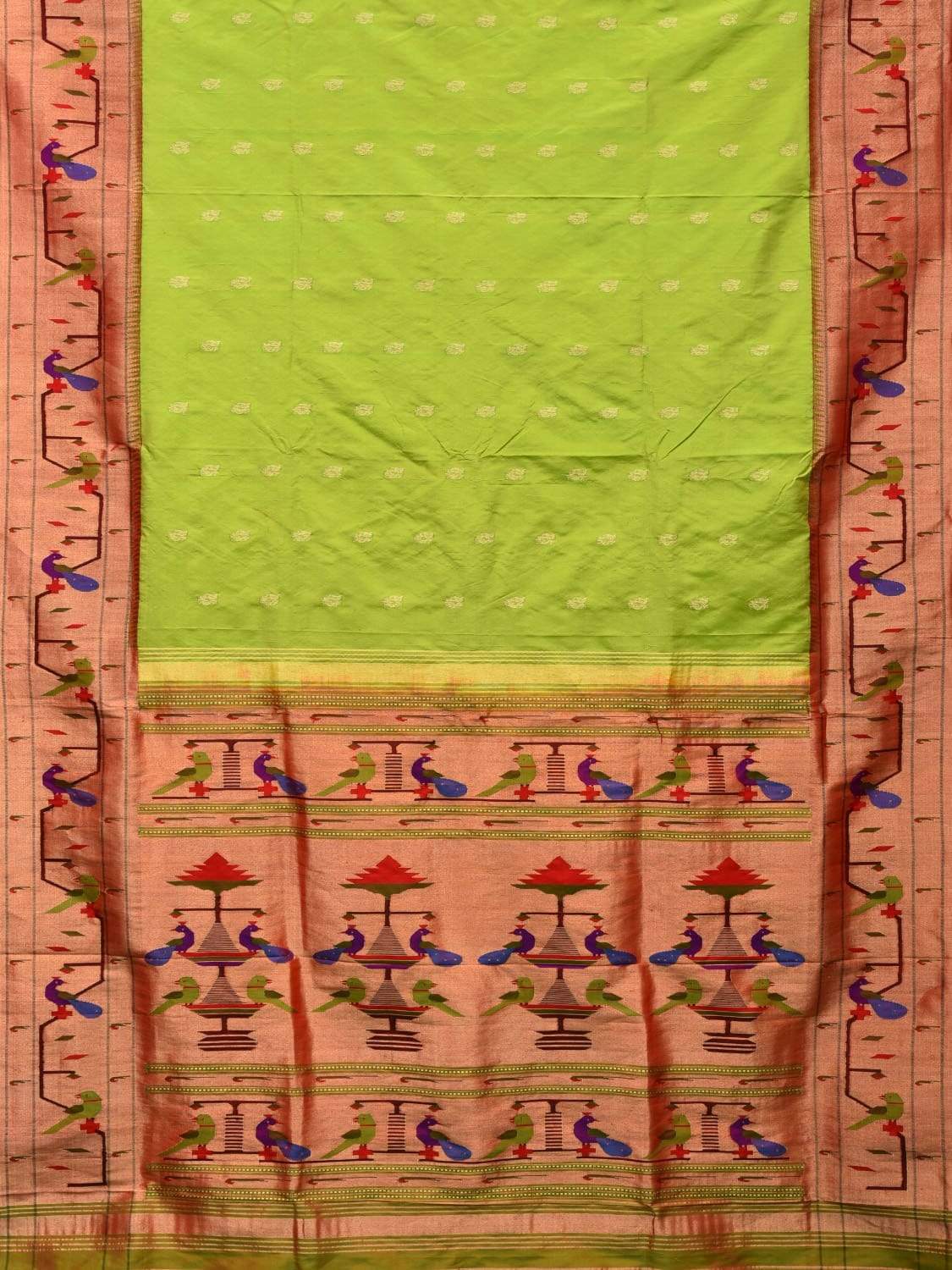 Light Green Paithani Silk Handloom Grab2Buy with Peacock-Parrot Border Design - Global Threads 