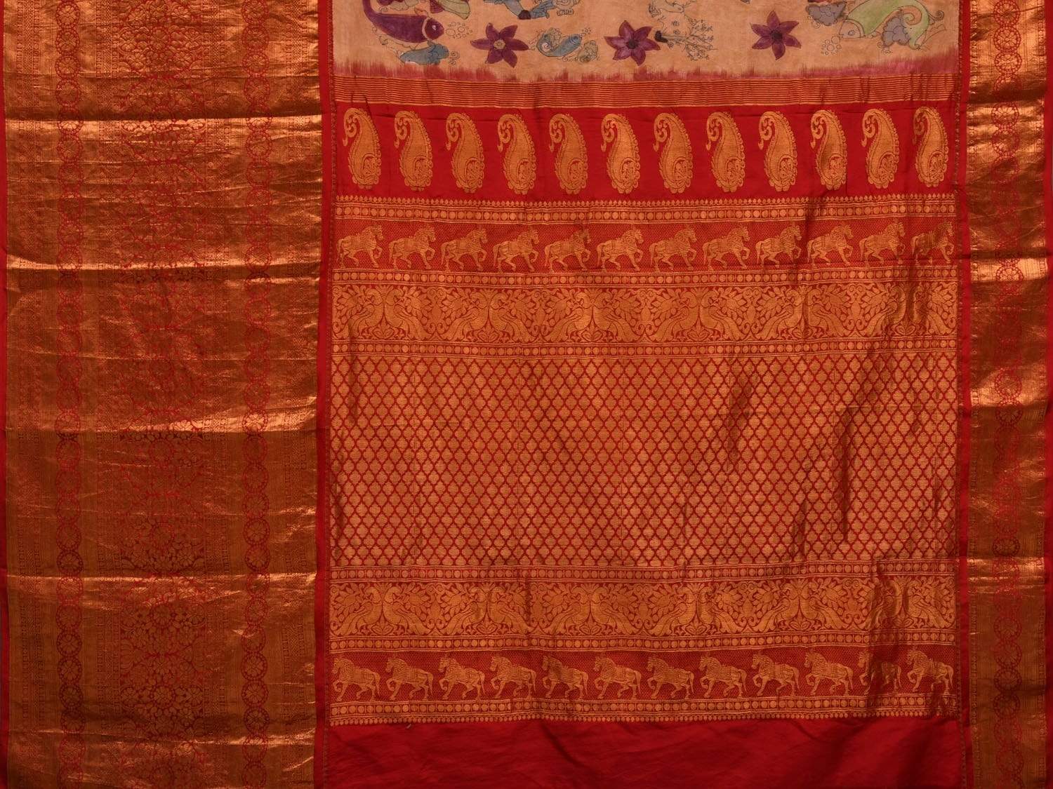 Light Yellow Kalamkari Hand Painted Kanchipuram Silk Handloom Grab2Buy with Dashavatar Design - Global Threads 