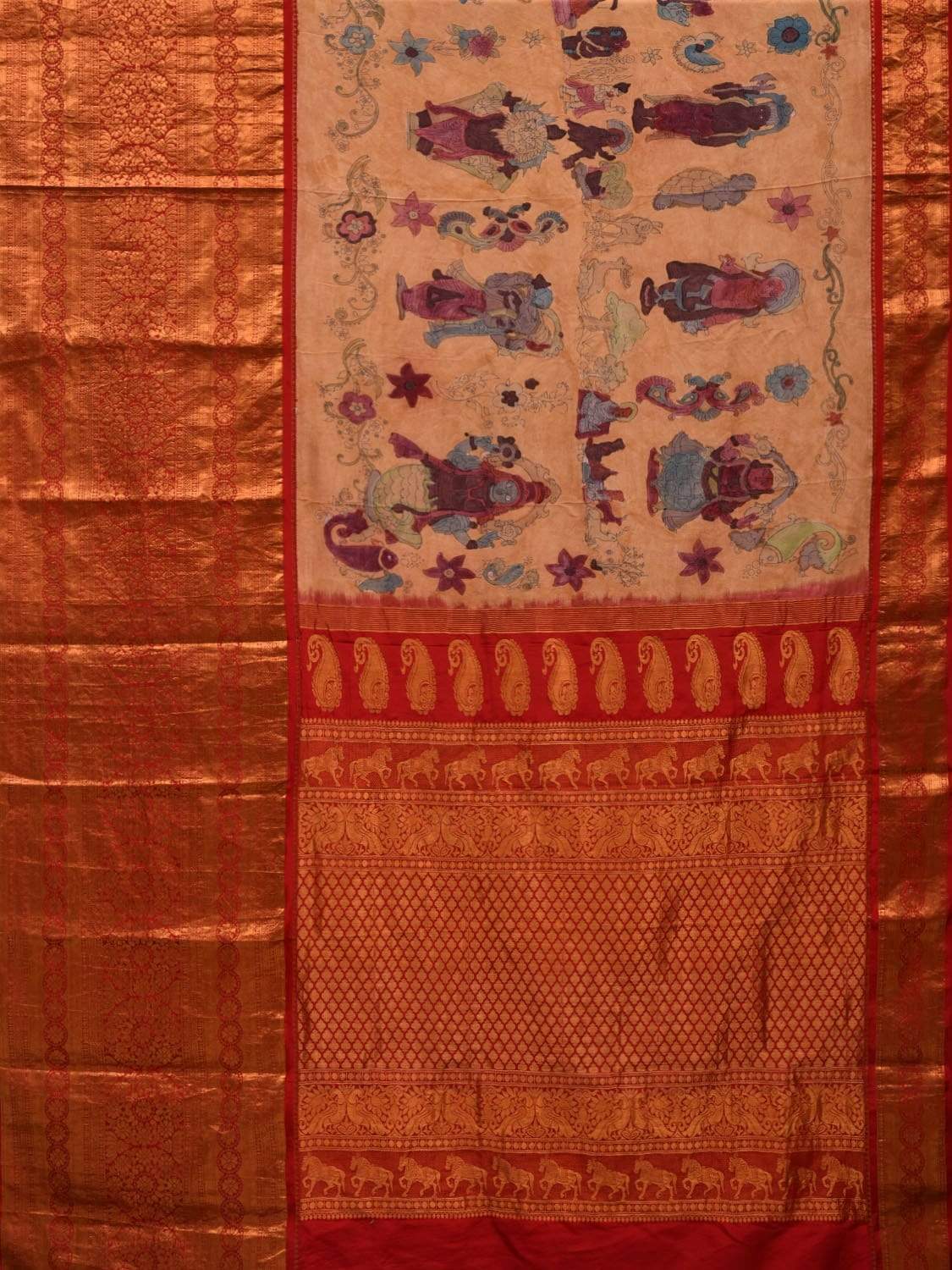 Light Yellow Kalamkari Hand Painted Kanchipuram Silk Handloom Grab2Buy with Dashavatar Design - Global Threads 
