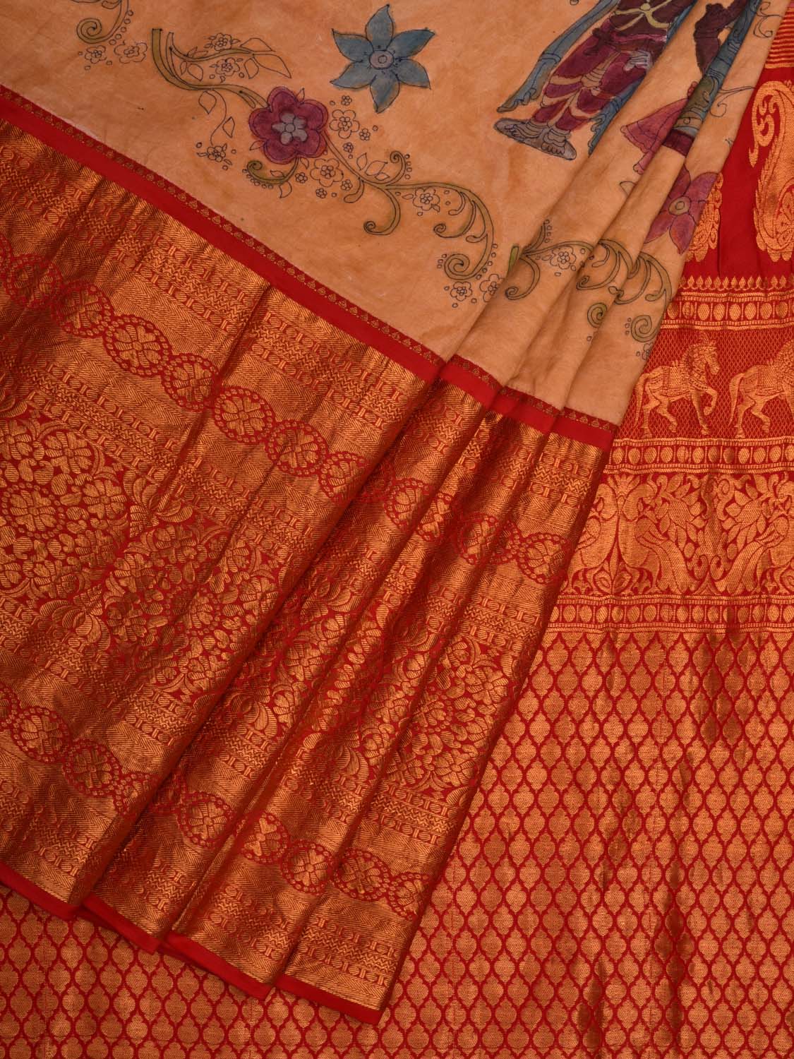 Light Yellow Kalamkari Hand Painted Kanchipuram Silk Handloom Grab2Buy with Dashavatar Design - Global Threads 