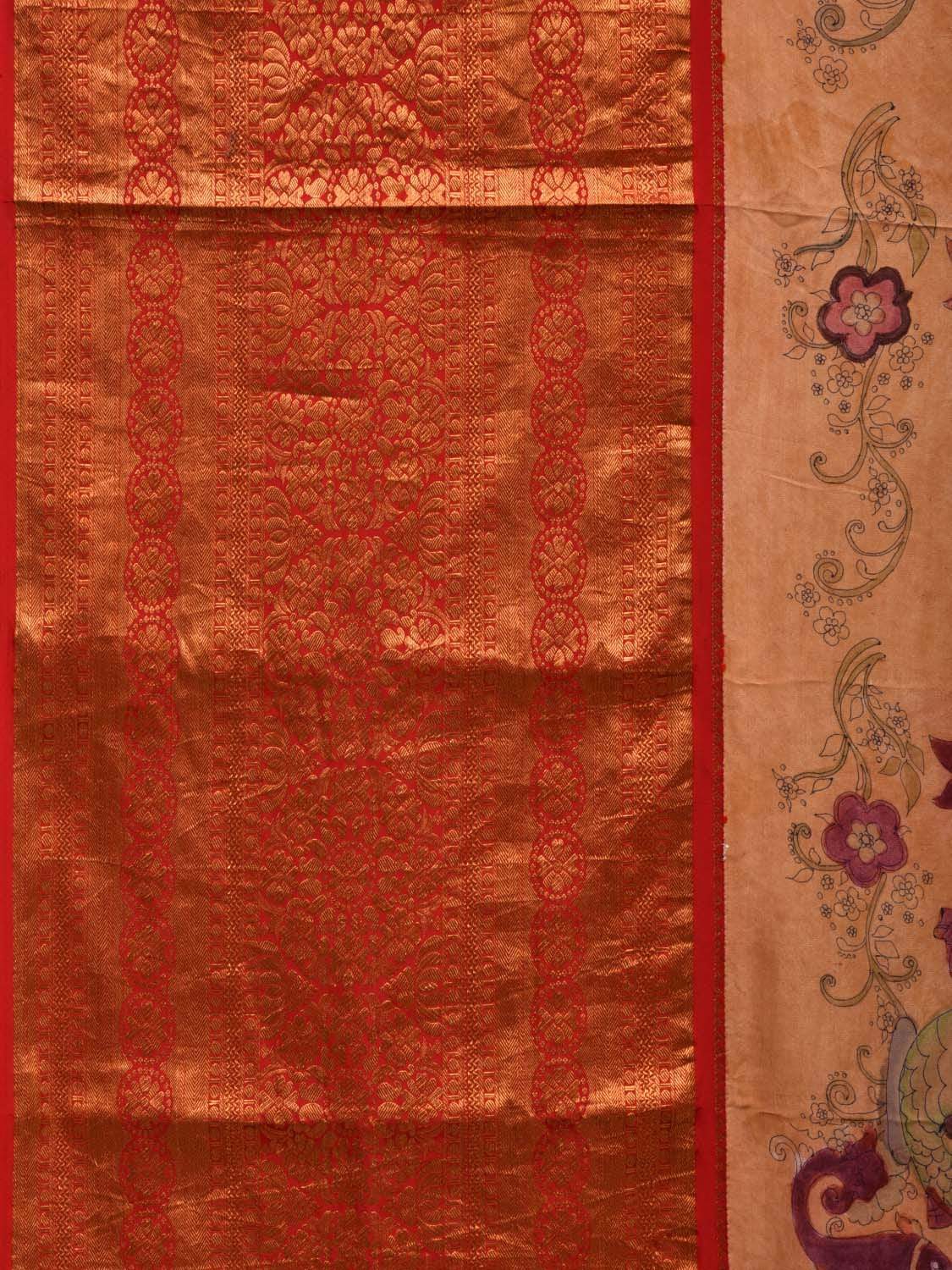 Light Yellow Kalamkari Hand Painted Kanchipuram Silk Handloom Grab2Buy with Dashavatar Design - Global Threads 