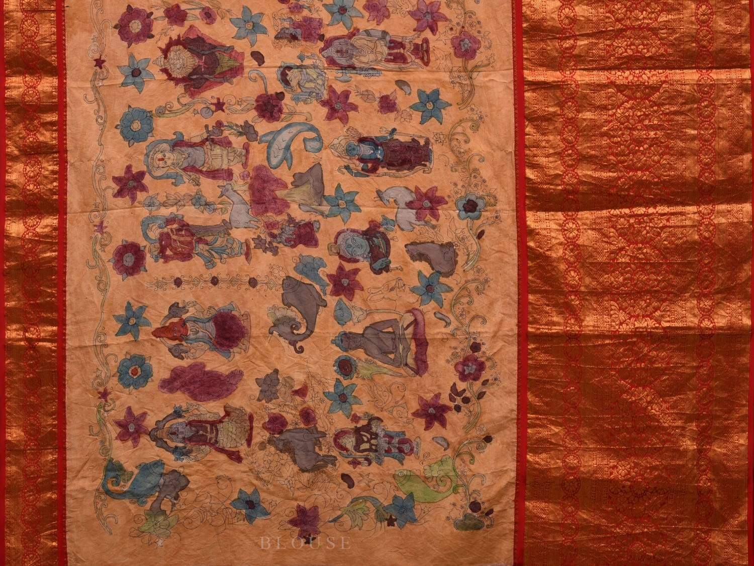 Light Yellow Kalamkari Hand Painted Kanchipuram Silk Handloom Grab2Buy with Dashavatar Design - Global Threads 