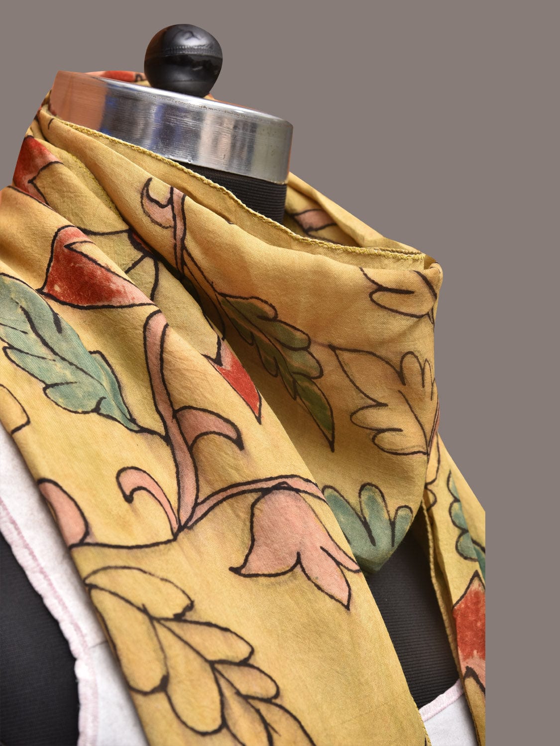 Light Yellow Kalamkari Hand Painted Sico Stole with Floral Design - Global Threads - Grab2buy