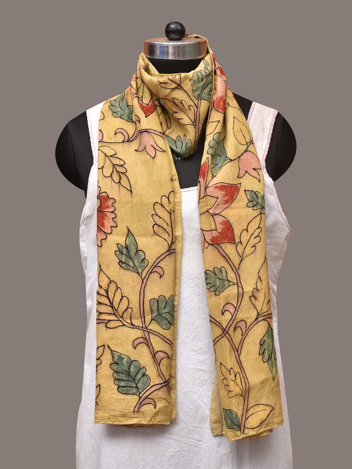 Light Yellow Kalamkari Hand Painted Sico Stole with Floral Design - Global Threads - Grab2buy