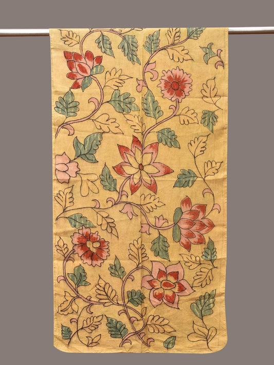 Light Yellow Kalamkari Hand Painted Sico Stole with Floral Design - Global Threads - Grab2buy