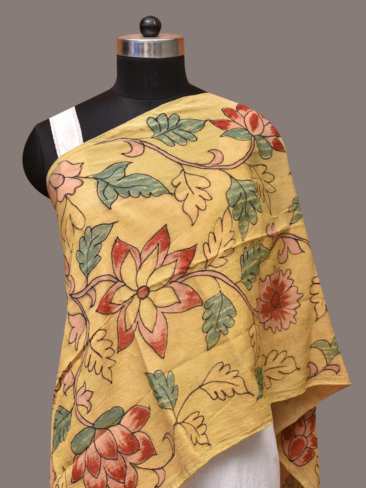 Light Yellow Kalamkari Hand Painted Sico Stole with Floral Design - Global Threads - Grab2buy