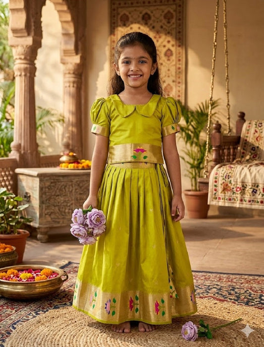 Evanik Green Soft Silk Paithani Design Zari Weaving Pavadai Lehenga Choli For Kids