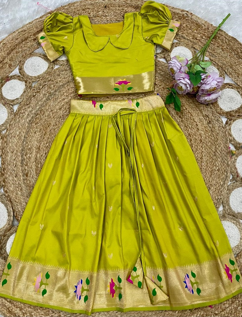 Evanik Green Soft Silk Paithani Design Zari Weaving Pavadai Lehenga Choli For Kids