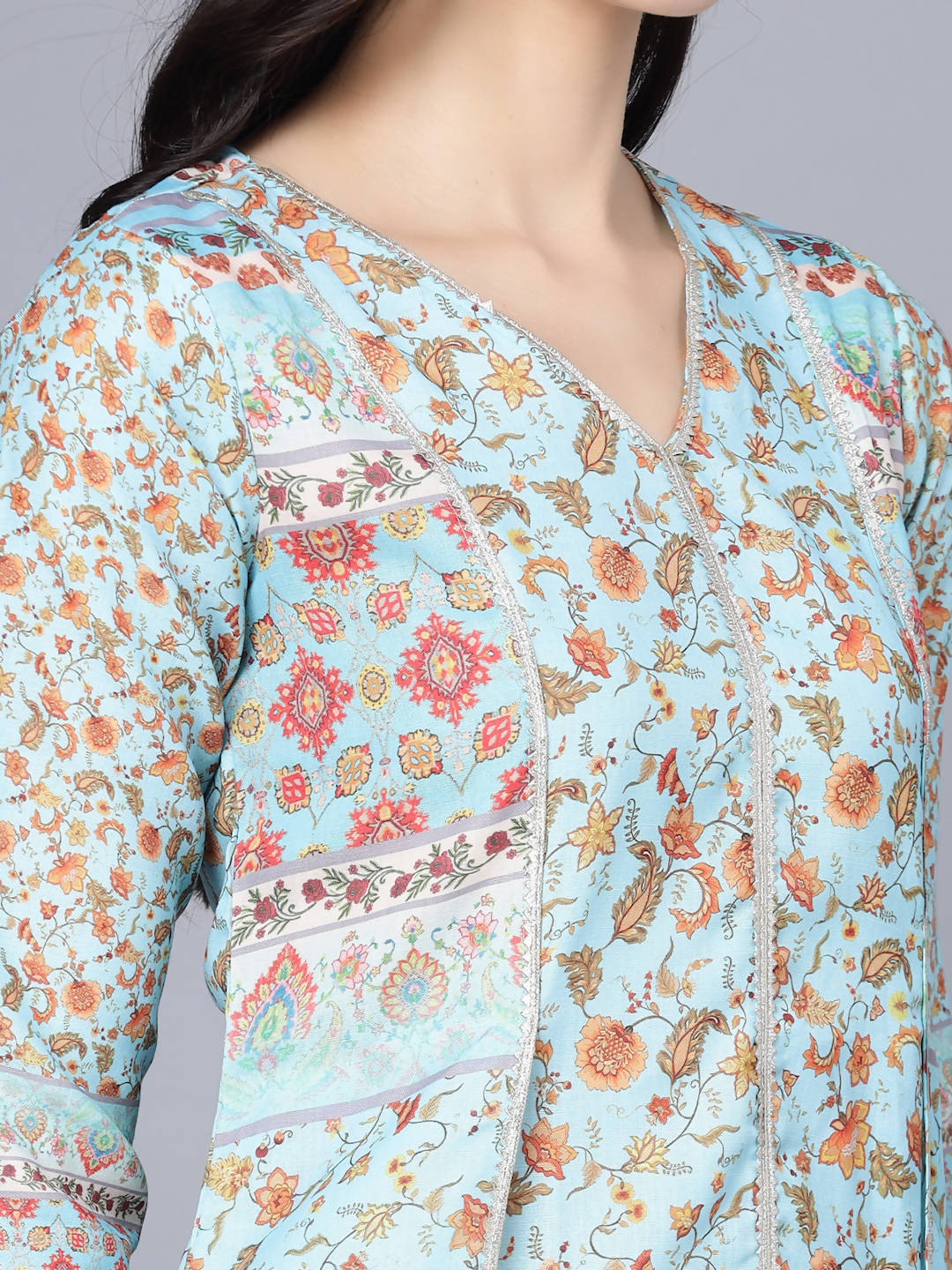 Myshka Women Blue Floral Printed Thread Work Anarkali Kurta