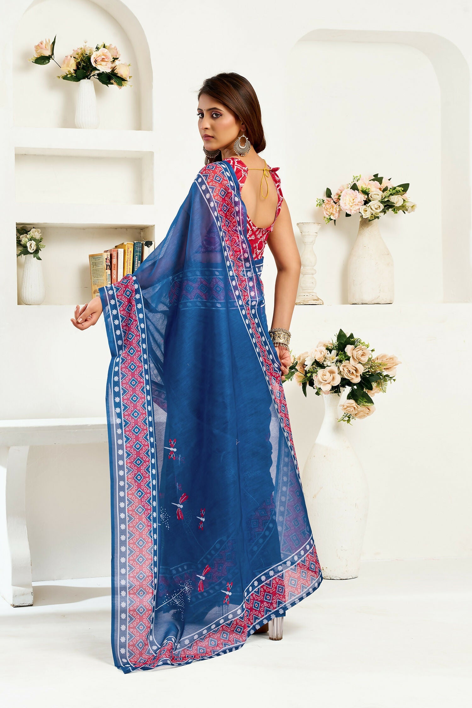 Joban Fashion Navy Blue Kalamkari & Ajrakh Linen Ready To Wear Saree With Unstitched Blouse