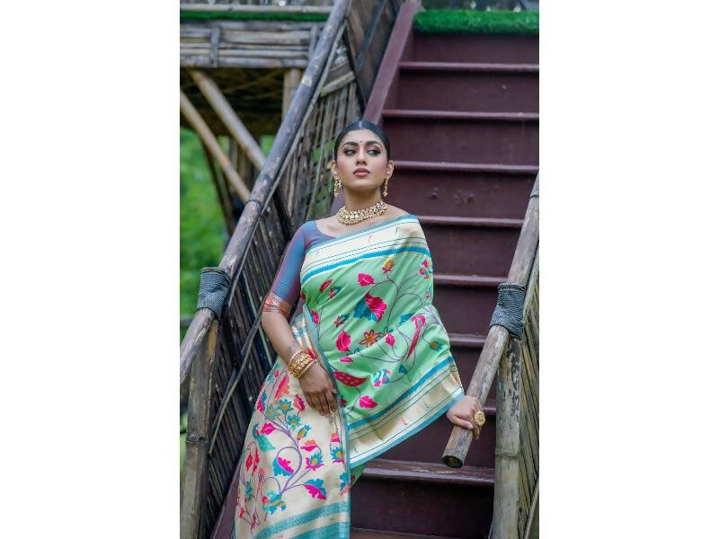 Aastha Fashion Women's Sea Green Banarasi Silk Meenakari Zari Woven Saree with Blouse - Grab2buy