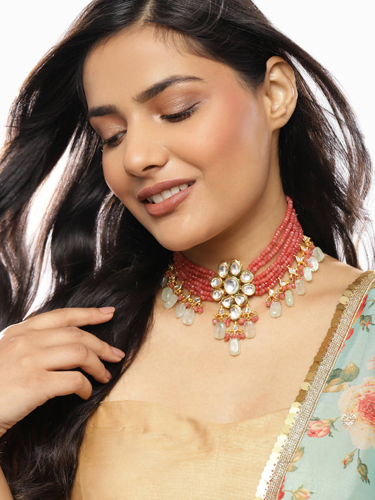 Pink White Brass Gold-Plated Necklace - Ruby Raang - Grab2buy