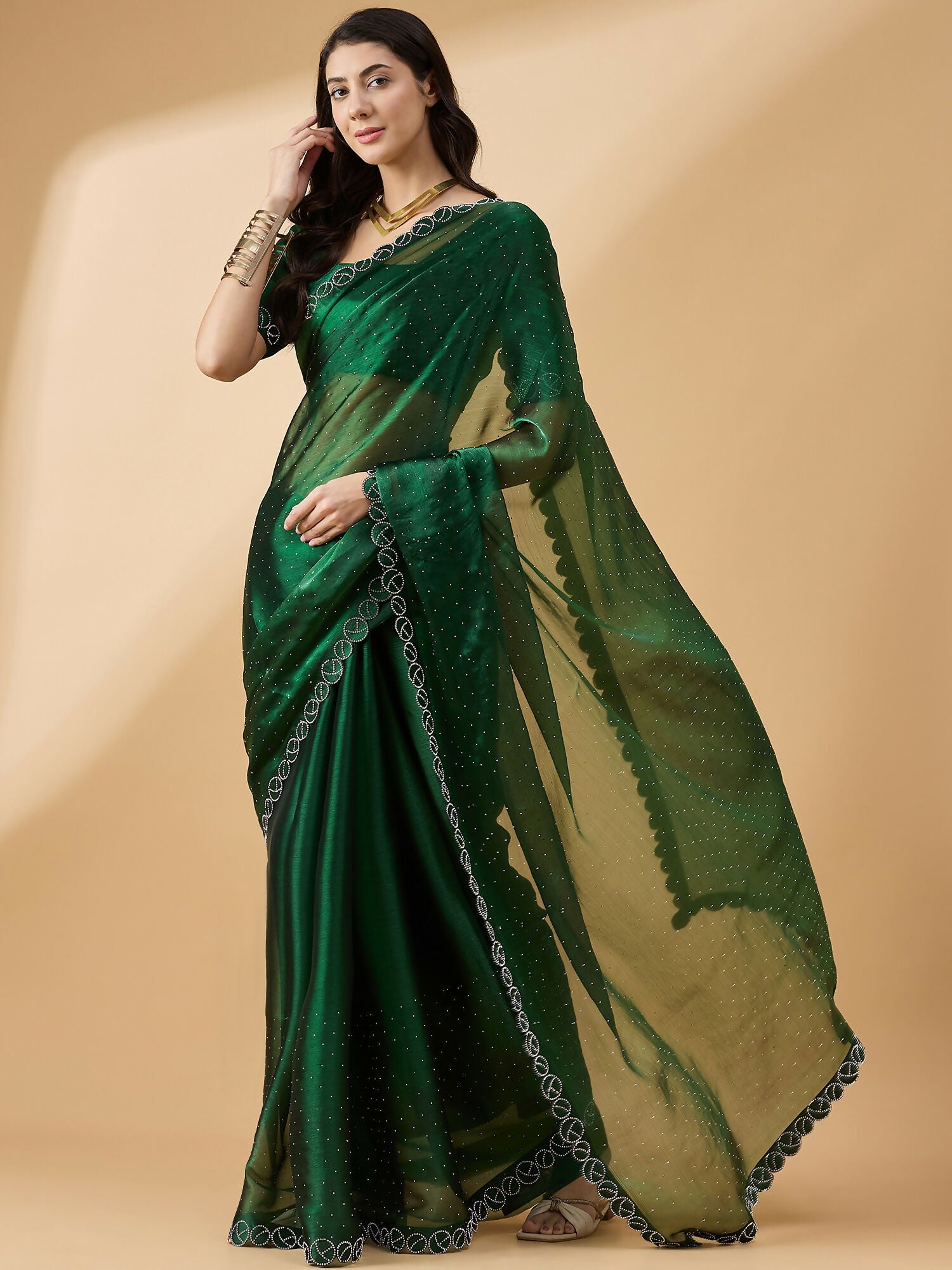 Green Organza Swaroski Diamond Work Saree with Unstitched Blouse - Radha