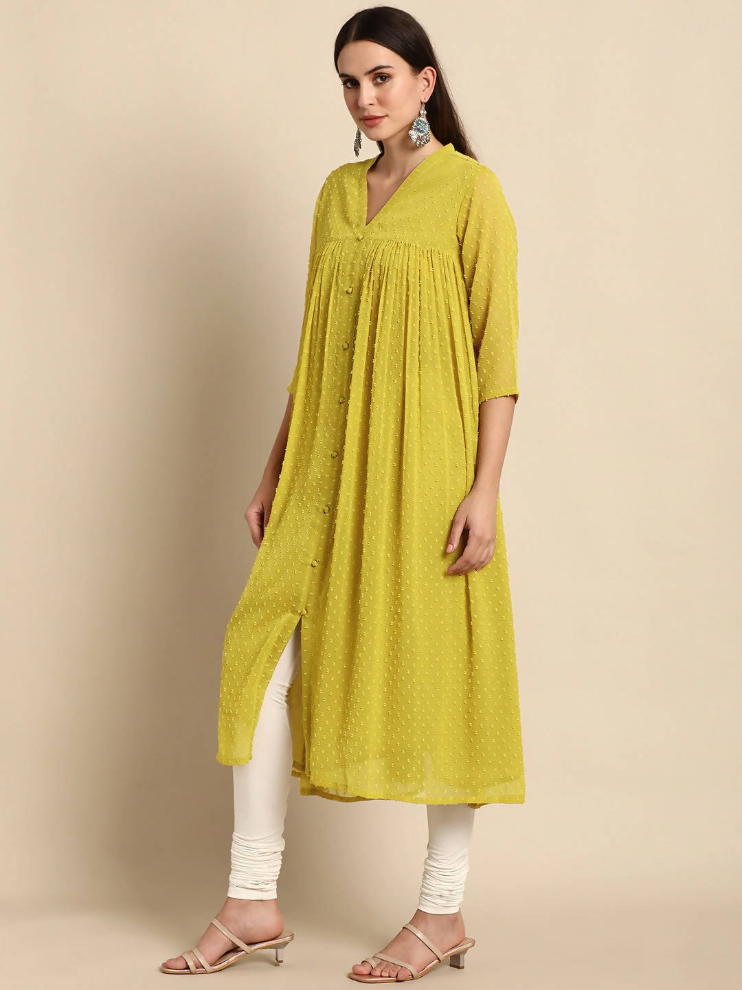 Janasya Women Mustard Yellow Dobby Weave Poly Chiffon Kurta