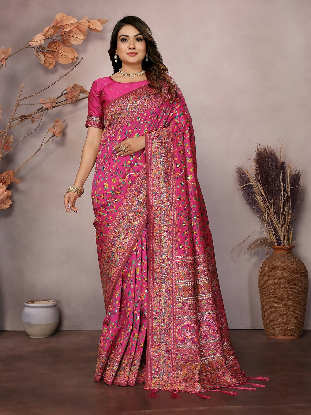 Joban Fashion Rani Pink Meena Weaves Pashmina Sarees