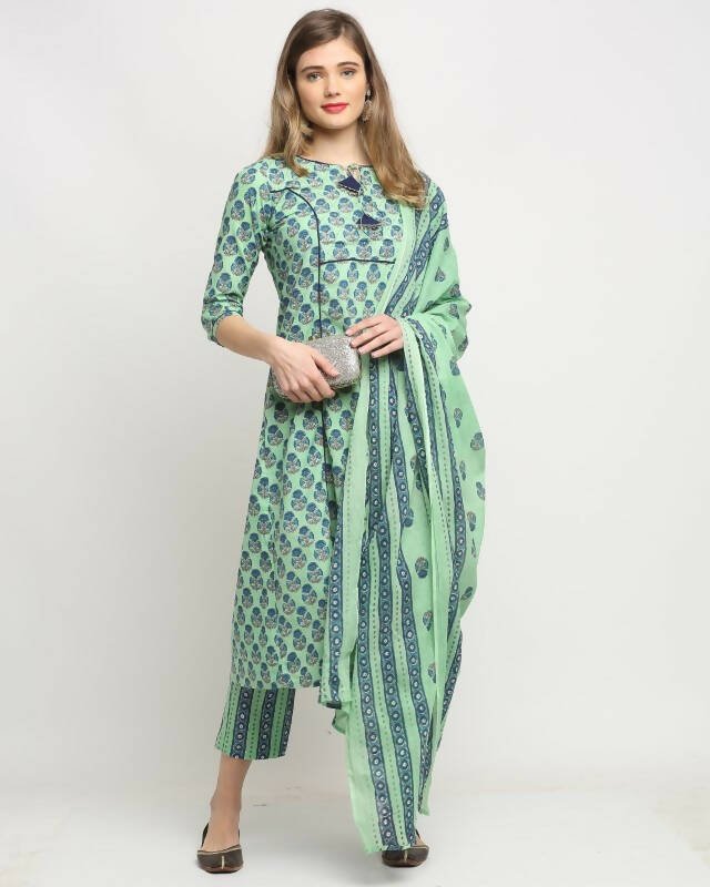 Aastha Fashion Women's Pista Green Cotton Jaipuri Printed Kurta with Trouser & Dupatta - Grab2buy