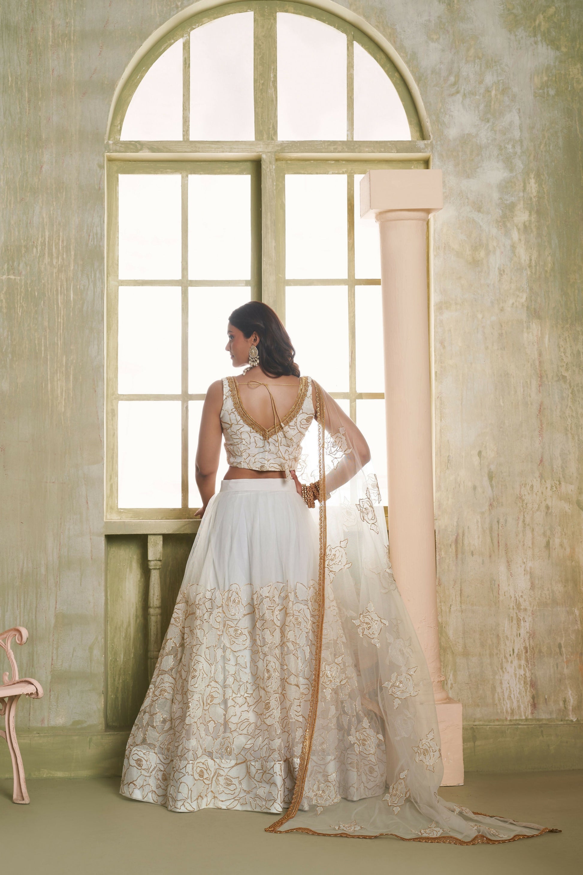Eilara Off White Net Embroidered, Sequins And Thread Work A - Line Lehenga Choli For Engagement