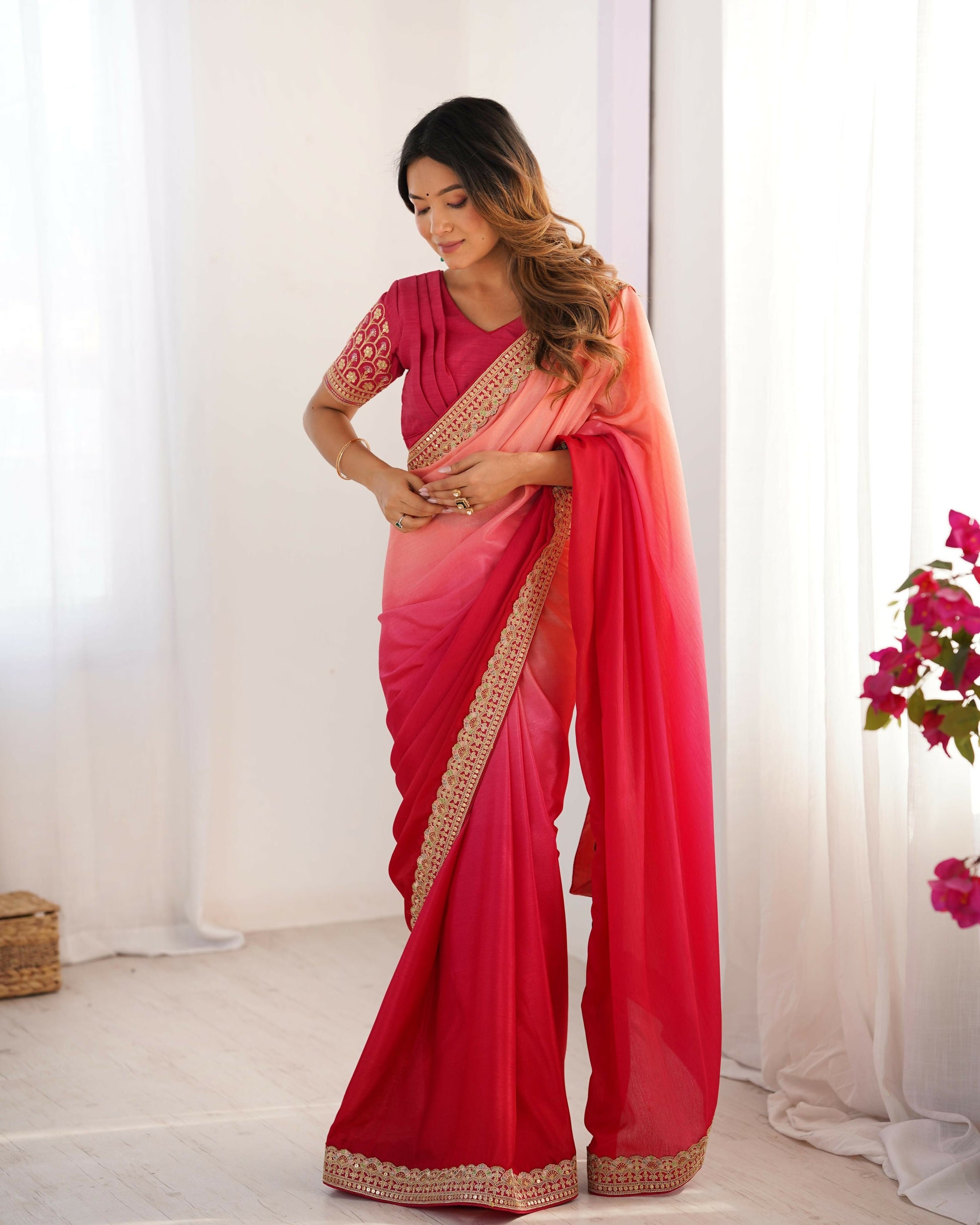 Exclusive Collection Red Pink Party Wear Chinon Salk Grab2Buy 