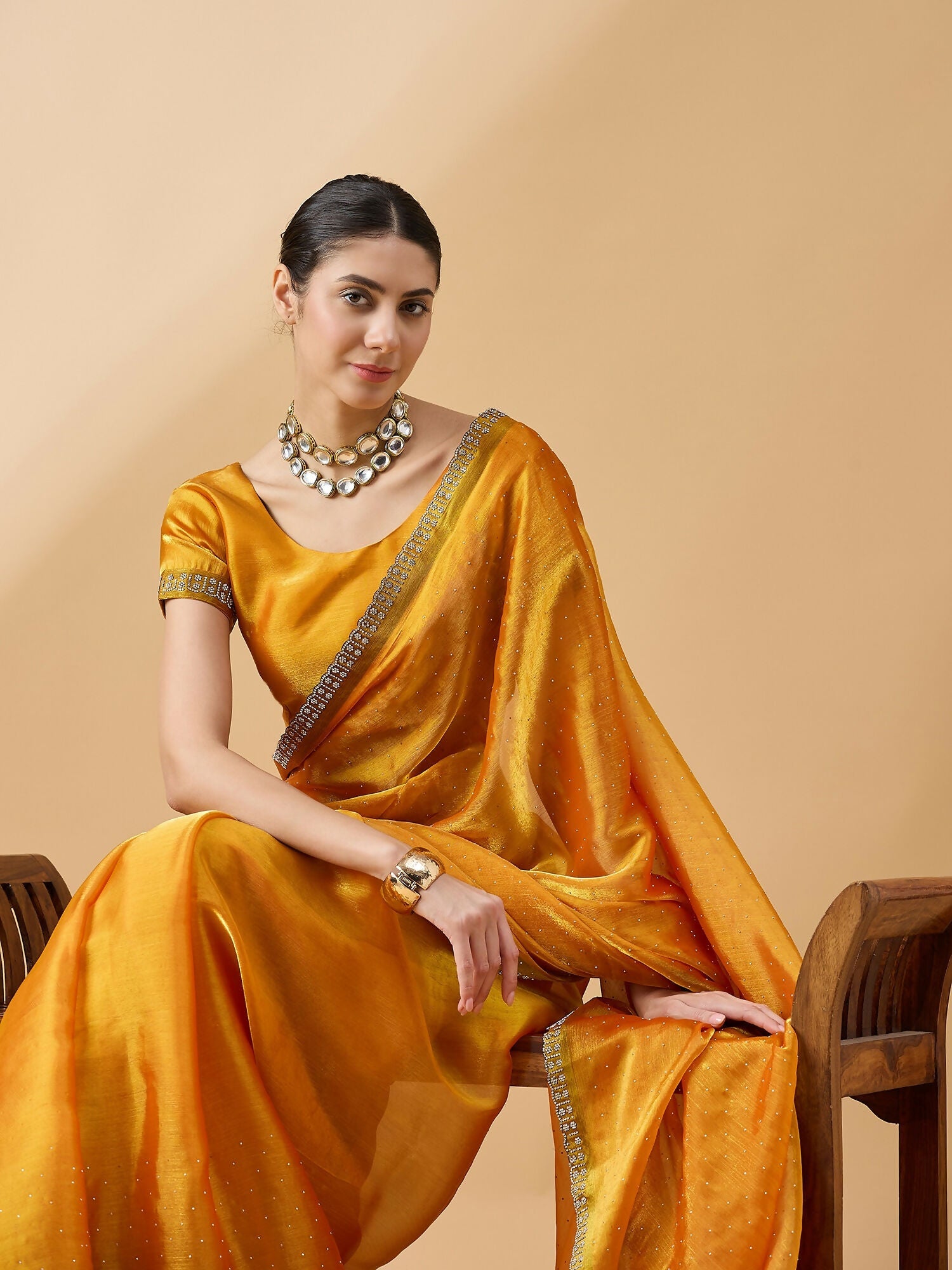 Mustard Organza Swaroski Diamond Work Saree with Unstitched Blouse - Radha