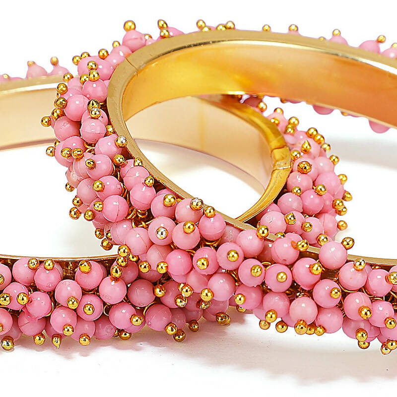 Mominos Fashion Joharkamal Gold-Polished Baby Pink Beads Work Bangles 