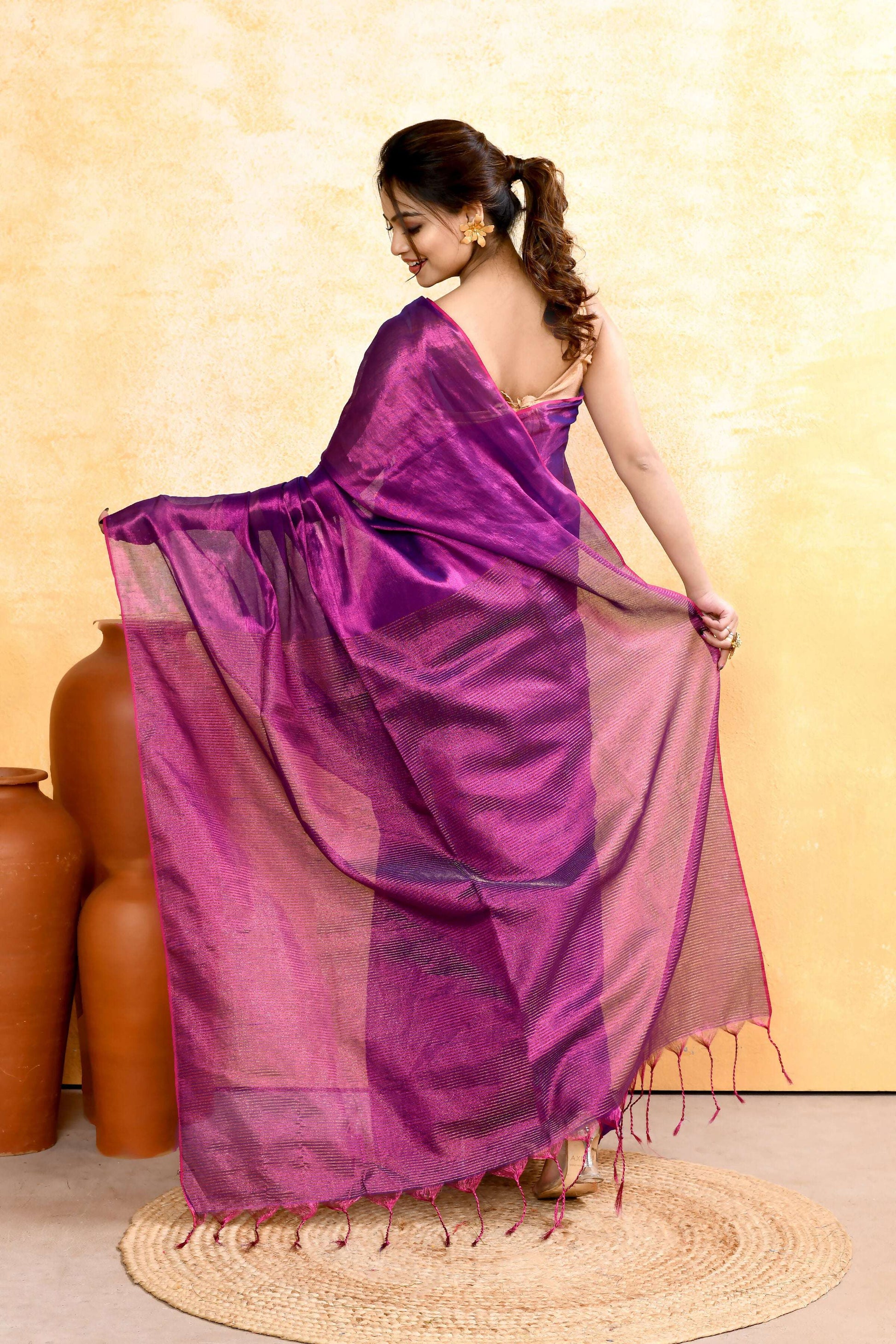 Piyari Fashion Women's Violet Dual Tone Organic Tissue Saree With Blouse Piece