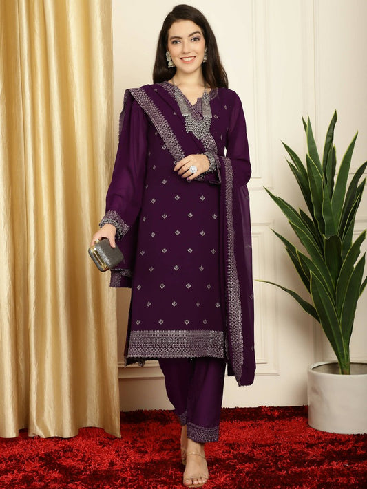 Aastha Fashion Women's Burgundy Georgette Resham Thread & Sequin Kurta with Trouser & Dupatta - Grab2buy