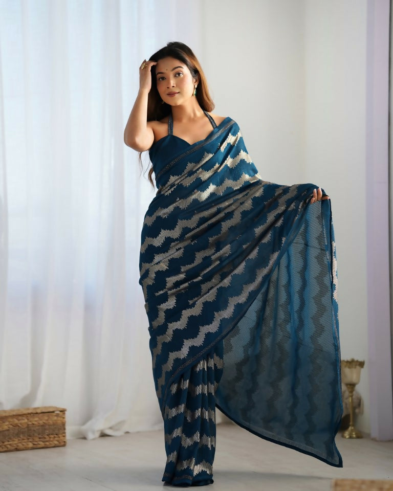 Petrol Georgette Sequance Embroidery Work Border Saree - Sitare