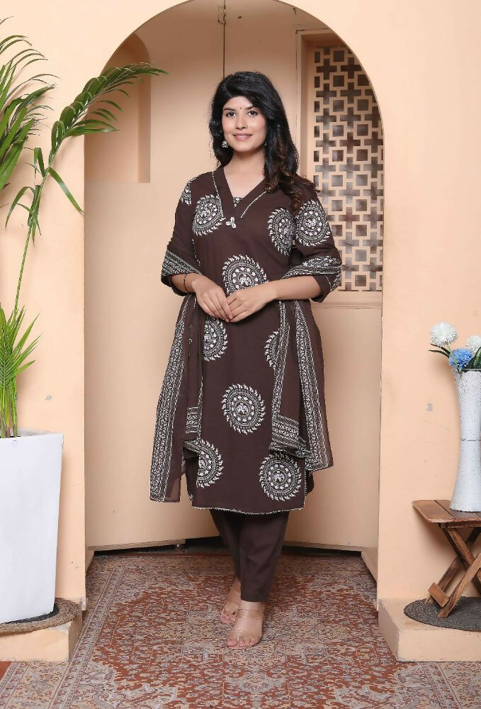 Miravan Womens Animal Print Cotton Brown Stitched Kurta Palazzo With Dupatta Set