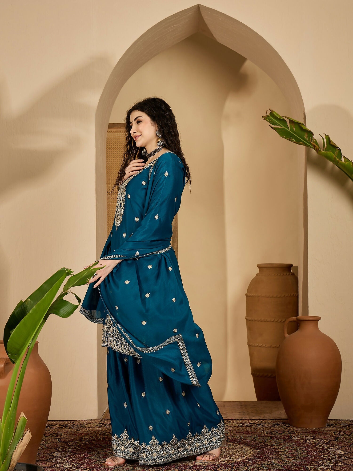 Joban Fashion Embroidery Teal Chinon Silk Kurta Set